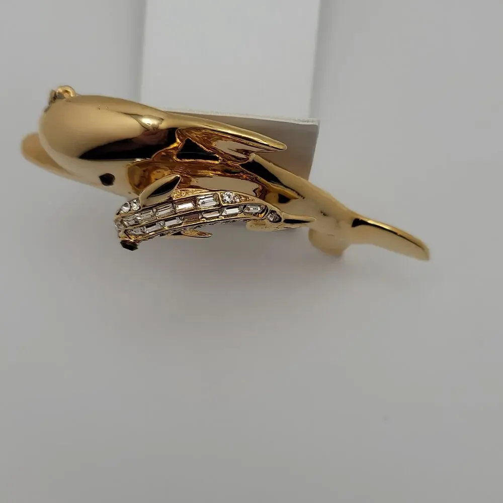 Vintage Gold-tone Dual Leaping Dolphins Trembler Baguette Round Rhinestones